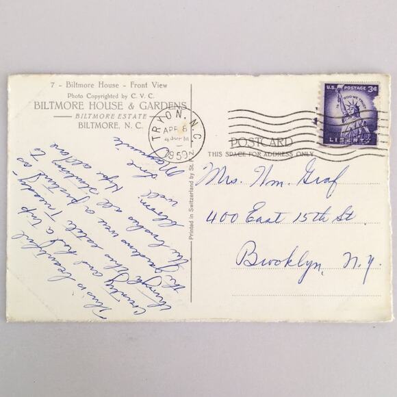 Vintage Postcard 1959 Biltmore House & Gardens Asheville North Carolina NC Front - Picture 2 of 2